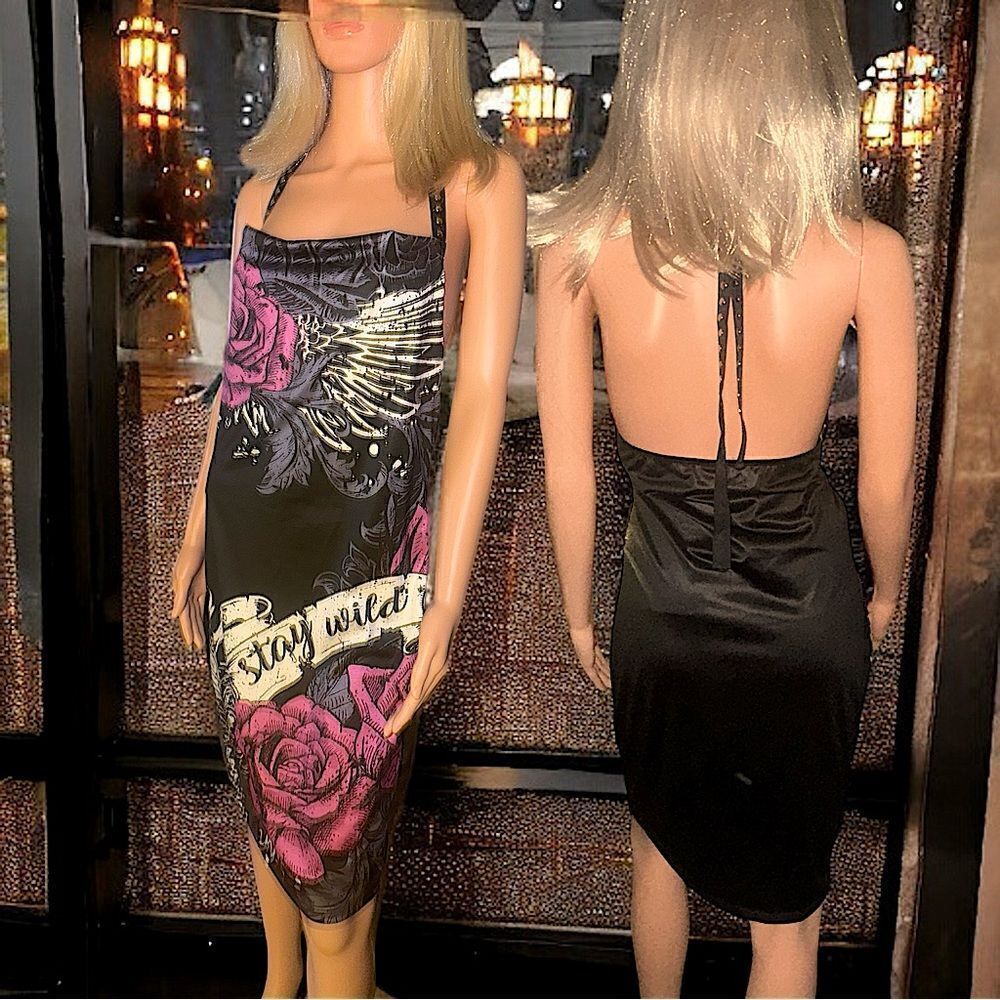 SHEIN l “Stay Wild” Silver-Studded Tie-Back Halter BodyCon Dress l IX l New